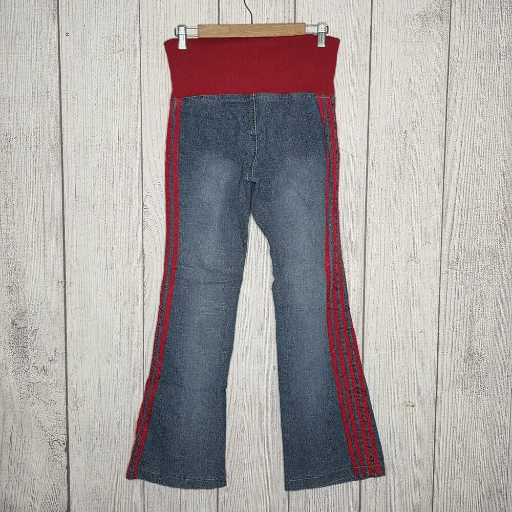 Y2K Flare Jeans Red Stripe Heart Zipper Pulls Bratz Doll, sz 28x29.5